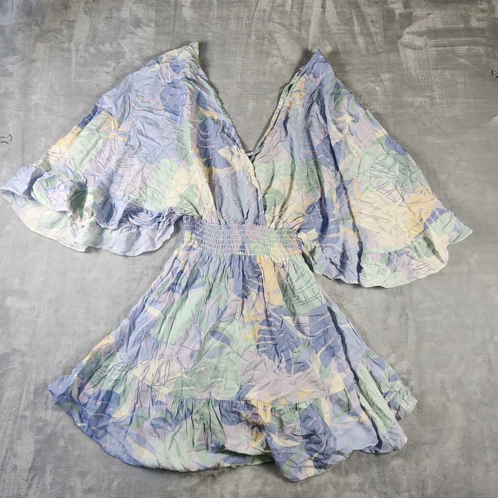Surf Gypsy Pastel Floral Textured Lined Cover Up Dress Smocked Medium Mini